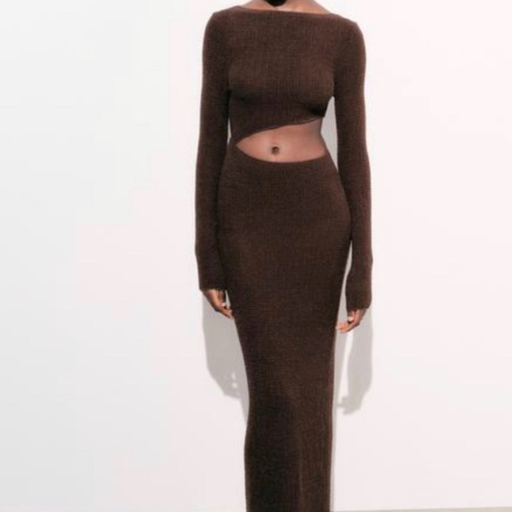 Zara Brown long sleeve cut out dress